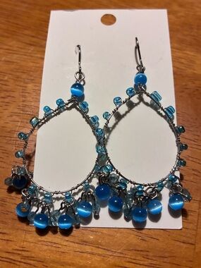 Blue Teardrop Beaded Hoop Earrings